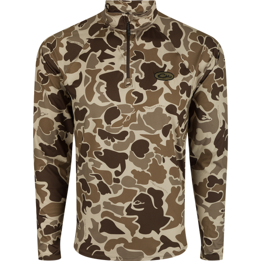 A close-up of the EST Microlite 1/4 Zip Pullover, showcasing its camouflage pattern, raglan sleeves, and YKK zipper.