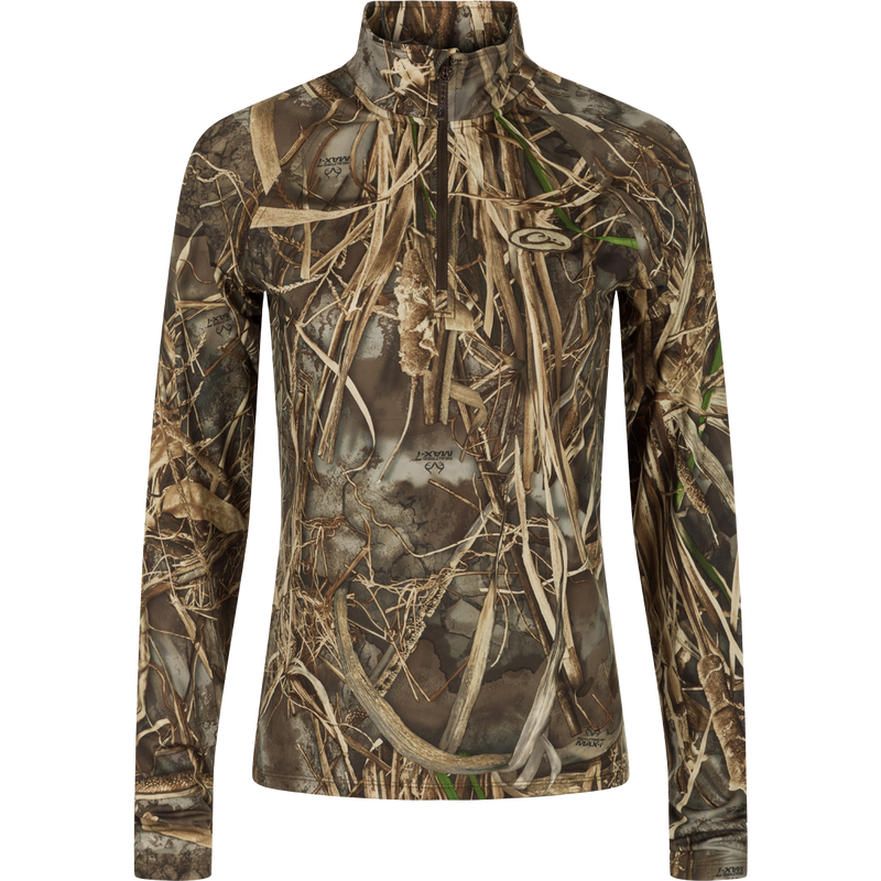 Women's EST Microlite 1/4 Zip Pullover - Realtree: A camouflage long sleeved shirt optimized for performance with 4-way stretch, thumb loops, and UPF 50+ protection.