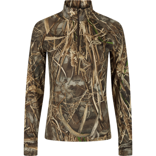 Women's EST Microlite 1/4 Zip Pullover - Realtree: A camouflage long sleeved shirt optimized for performance with 4-way stretch, thumb loops, and UPF 50+ protection.