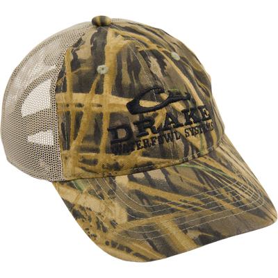 Mesh Back Camo Cap with Drake Waterfowl Systems logo, featuring breathable cotton and mesh construction, semi-structured panels, and adjustable hook and loop closure.