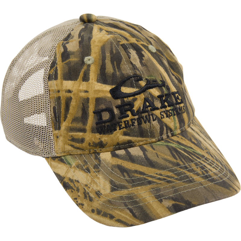 Mesh Back Camo Cap with Drake Waterfowl Systems logo, featuring breathable cotton and mesh construction, semi-structured panels, and adjustable hook and loop closure.