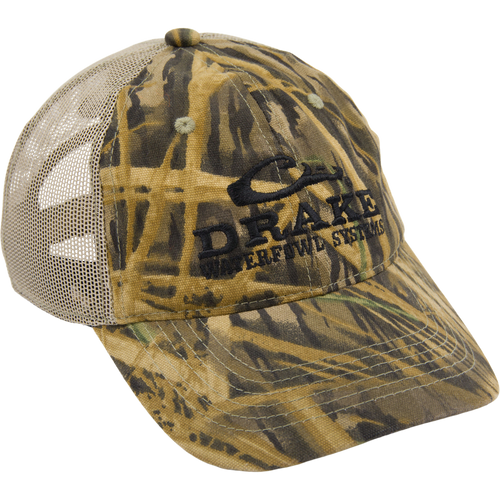Mesh Back Camo Cap with Drake Waterfowl Systems logo, featuring breathable cotton and mesh construction, semi-structured panels, and adjustable hook and loop closure.