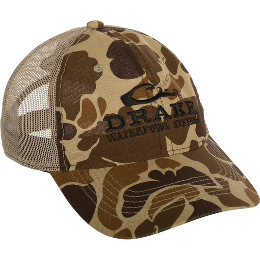 A lightweight cotton and mesh Mesh Back Camo Cap with adjustable fit and hook and loop closure. Perfect for outdoor trips.