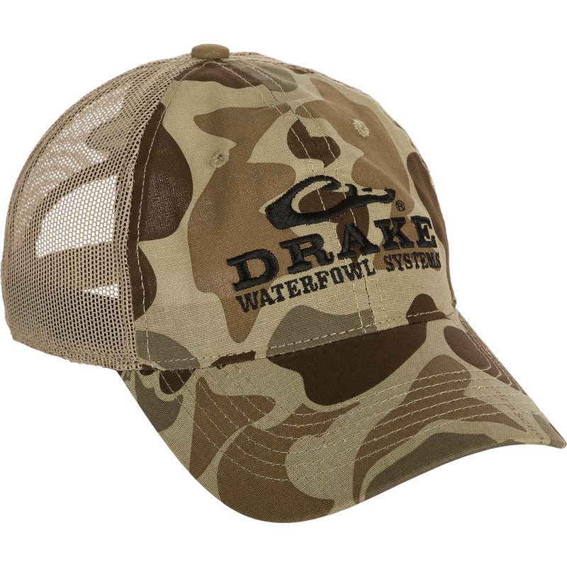 A lightweight Mesh Back Camo Cap with adjustable fit and breathable cotton/mesh construction for outdoor trips.
