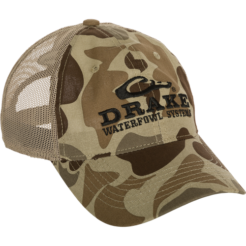 A lightweight Mesh Back Camo Cap with adjustable fit and breathable cotton/mesh construction for outdoor trips.