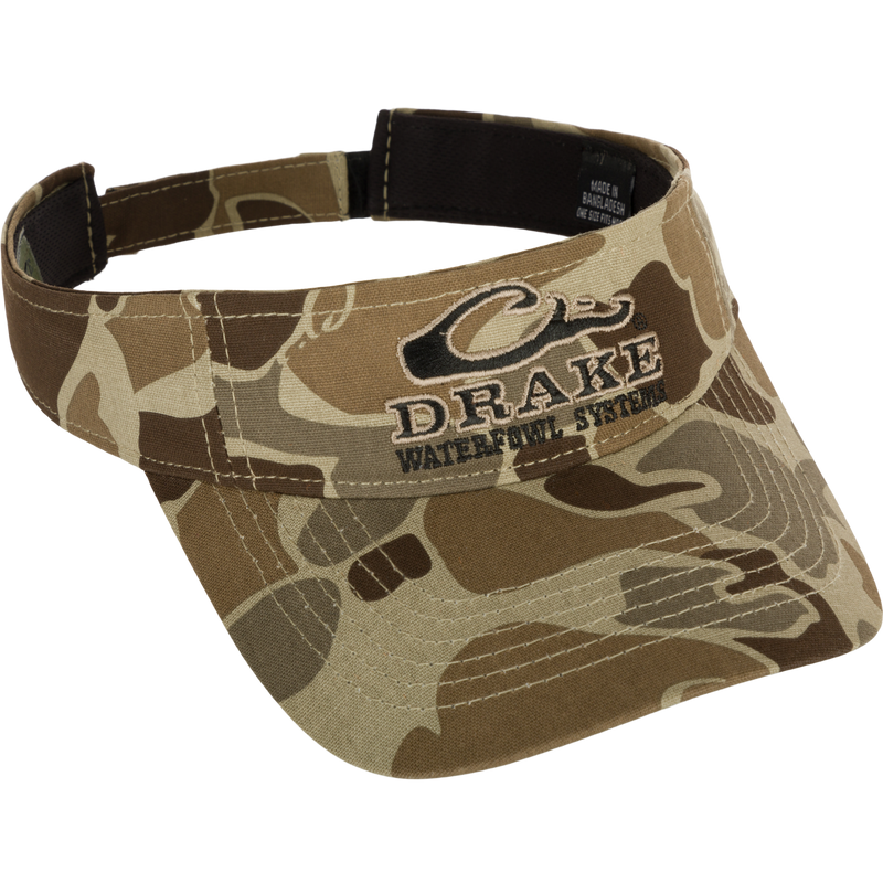 Drake Logo Visor with camouflage patch, embroidered logo, and Velcro closure. Low-profile, lightly structured design. One size fits most.
