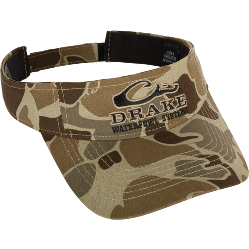 Drake Logo Visor with camouflage patch, embroidered logo, and Velcro closure. Low-profile, lightly structured design. One size fits most.