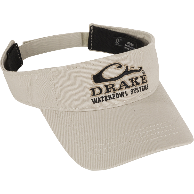 A low-profile visor with Drake Waterfowl Systems embroidery on the front and a Velcro back closure. Solid colors are 100% cotton, while camo colors are 100% polyester. Features the Drake Logo.
