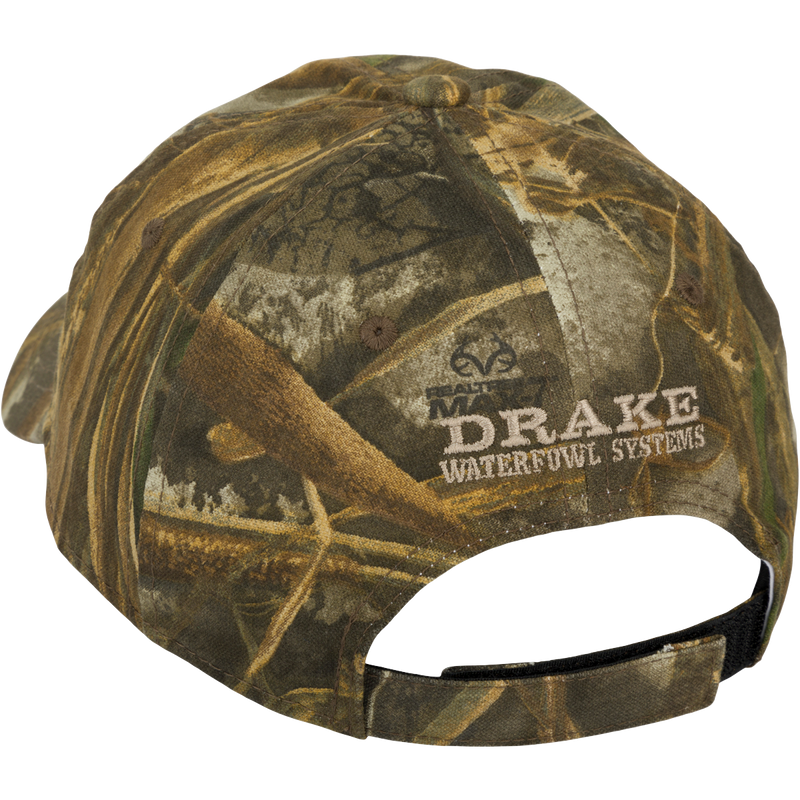 Camo Cotton Cap - Realtree: A lightweight cotton cap with full camo concealment. Features a six-panel construction and a hook and loop closure.