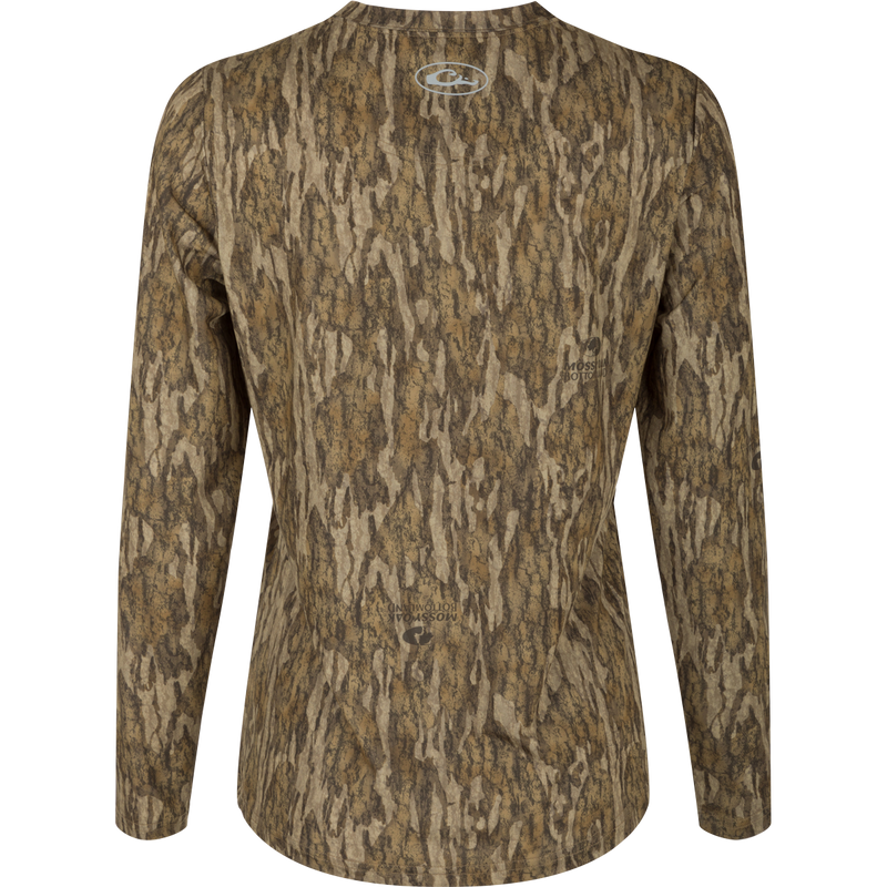 Women's EST Camo Performance Long Sleeve Crew, a shirt with a tree pattern. Offers comfort and protection with 4-Way Stretch and Shield 4 treatments.