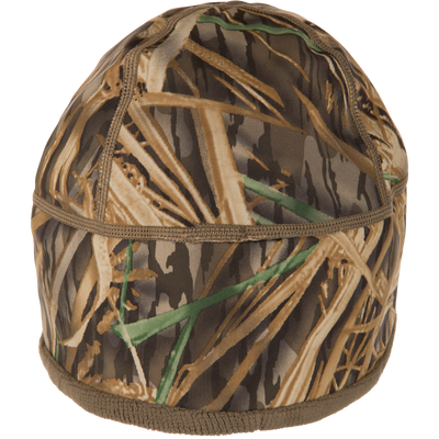 MST Windstopper Beanie in marsh-grass camo, designed for hunters. Windproof, breathable, and ultra-soft, covering ears for warmth in cold, windy conditions.