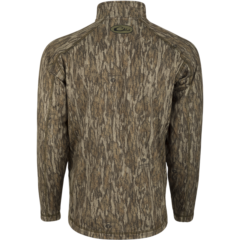 MST Breathelite 1/4 Zip Camo Pullover - Realtree: A long-sleeved shirt with a tree pattern, perfect for hunting or outdoor work. Features raglan sleeves, a soft hood, and a vertical zippered pocket for storage.