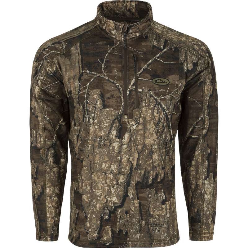 MST Breathelite 1/4 Zip Camo Pullover - Realtree: A camouflage jacket with a soft hood and raglan sleeves, perfect for hunting or outdoor work.