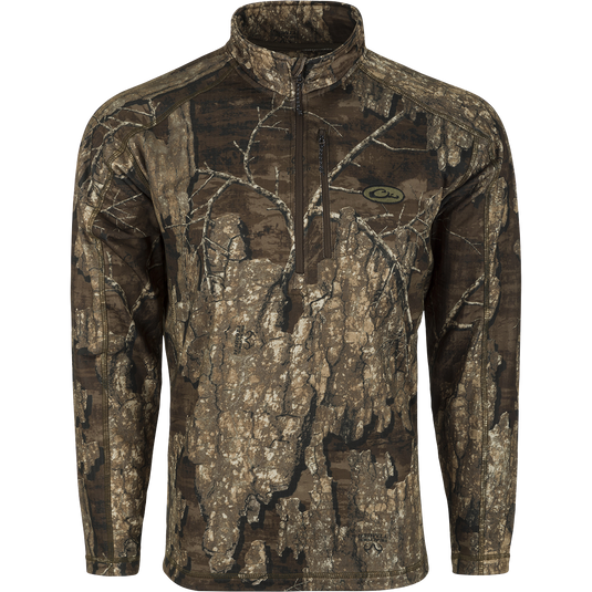 MST Breathelite 1/4 Zip Camo Pullover - Realtree: A camouflage jacket with a soft hood and raglan sleeves, perfect for hunting or outdoor work.