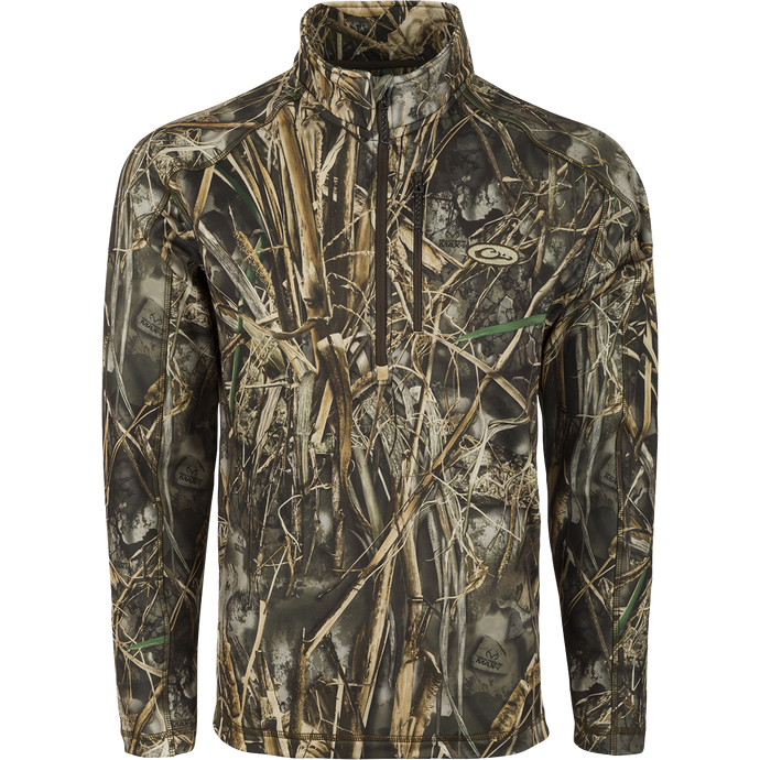 MST Breathelite 1/4 Zip Camo Pullover - Realtree: A camouflage jacket with a soft hood and a vertical zippered pocket for convenient storage. Stay comfortable outdoors with this polyester/spandex fleece pullover featuring improved grid-fleece backing for luxury softness and 4-way stretch for ultimate mobility. Raglan sleeves provide improved range of motion.