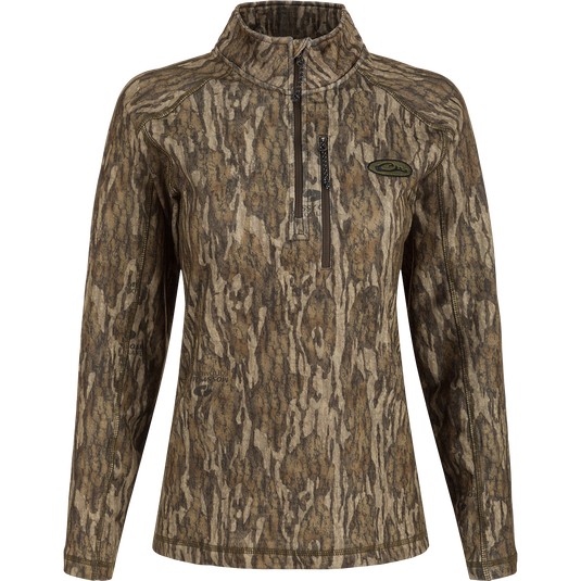 Women's MST Breathelite 1/4 Zip Camo Pullover: A stylish camo jacket with a zipper and vertical chest pocket for convenient storage.