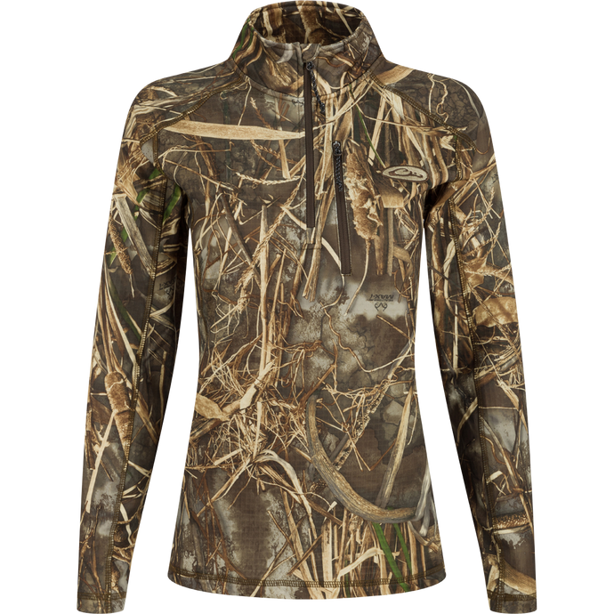 Women's MST Breathelite 1/4 Zip Camo Pullover - A camouflage jacket with raglan sleeves and a vertical zippered chest pocket for convenient storage. Stay warm and comfortable h with this high-quality hunting gear from Drake Waterfowl.