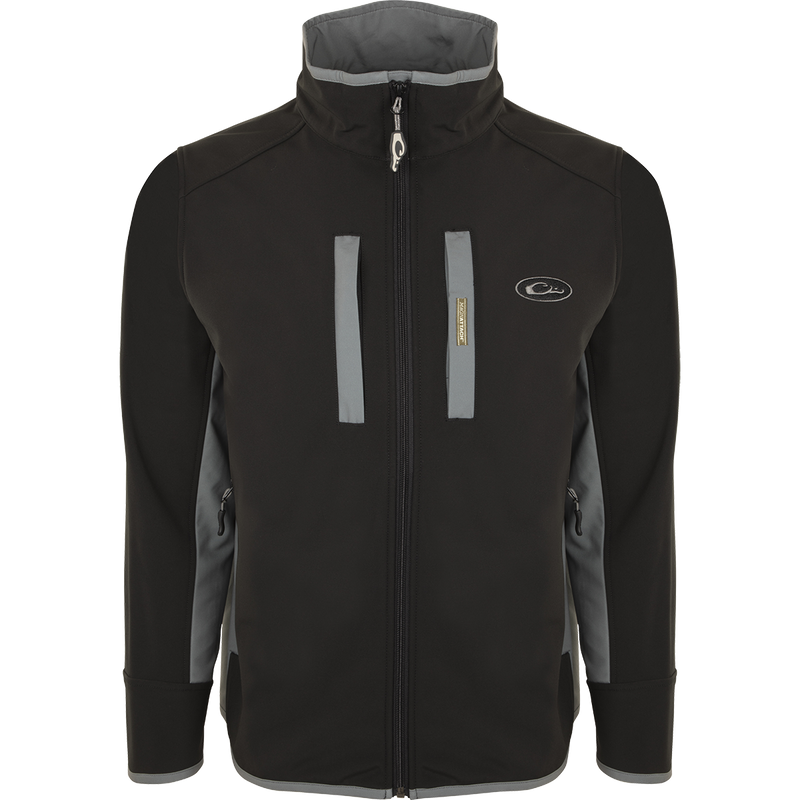 A Windproof Tech Jacket with a stylish two-tone design, featuring a zippered chest pocket, lower pockets, and side stretch panels. Perfect for cool Fall days and nights.