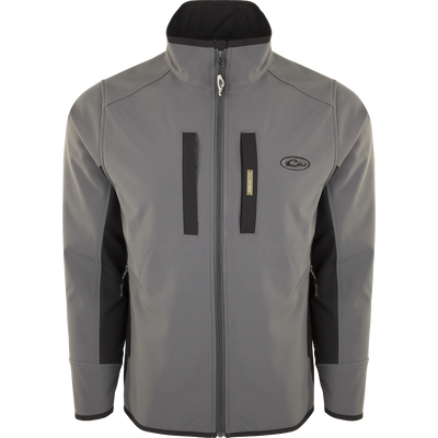 A Windproof Tech Jacket with a stylish two-tone design, perfect for cool Fall days and nights. Features include vertical and chest pockets with zipper closures, side stretch panels, and a drawstring waist. Made with a windproof laminate and check fleece backing.