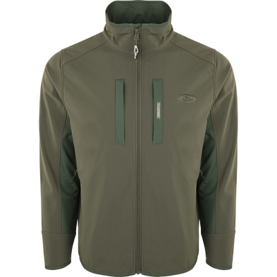 Windproof Tech Jacket with vertical chest pocket and zipper closure, lower pockets with zipper closure, side stretch panels, and drawstring waist. Perfect for cool Fall days and nights.