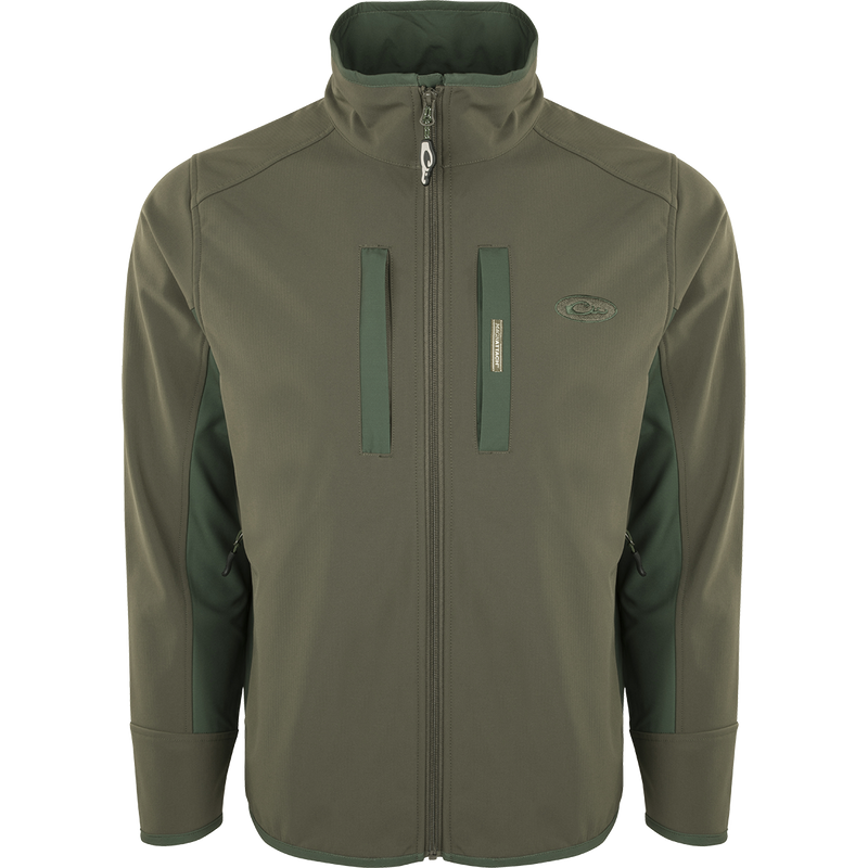 Windproof Tech Jacket with vertical chest pocket and zipper closure, lower pockets with zipper closure, side stretch panels, and drawstring waist. Perfect for cool Fall days and nights.