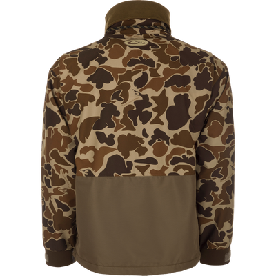 MST Waterproof Fleece-Lined Quarter Zip Jacket featuring an irregular camo pattern with solid olive-brown panel, stand-up collar, and adjustable cuffs on a white mannequin.