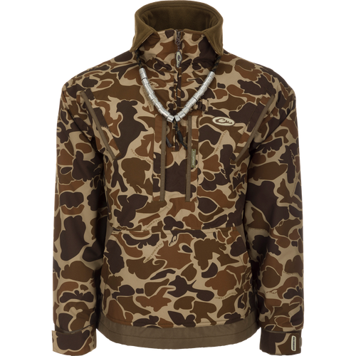MST Waterproof Fleece-Lined Quarter Zip Jacket in camouflage with high collar, chest pockets, kangaroo pouch, and adjustable cuffs, ideal for mid-season hunting.
