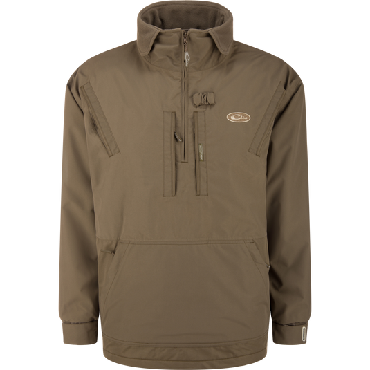 MST Waterproof Fleece-Lined Quarter Zip Jacket with high collar, zippered chest pockets, and kangaroo pocket, designed for outdoor hunting and fishing.