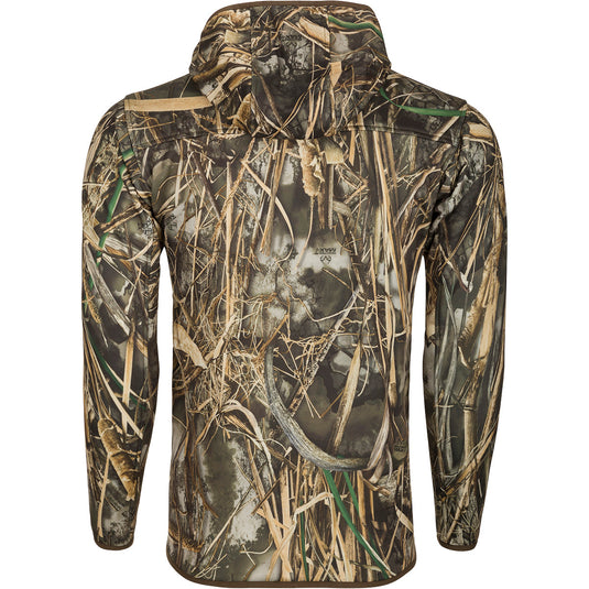 A lightweight performance jacket with a snake design, perfect for warmer days. Versatile as an outer jacket or layer. Features zippered pockets, fleece-lined hood, and 4-way stretch. Made of 100% polyester. From Drake Waterfowl, known for high-quality hunting gear and clothing.