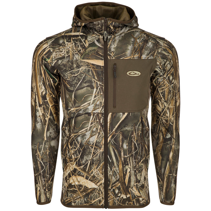 A lightweight performance jacket with a zipper, perfect for warmer days. Can be worn as an outer jacket or layer. Features vertical zippered chest pocket, lower zippered pockets, fleece lined hood, and 4-way stretch. Made of 100% polyester. From Drake Waterfowl store.