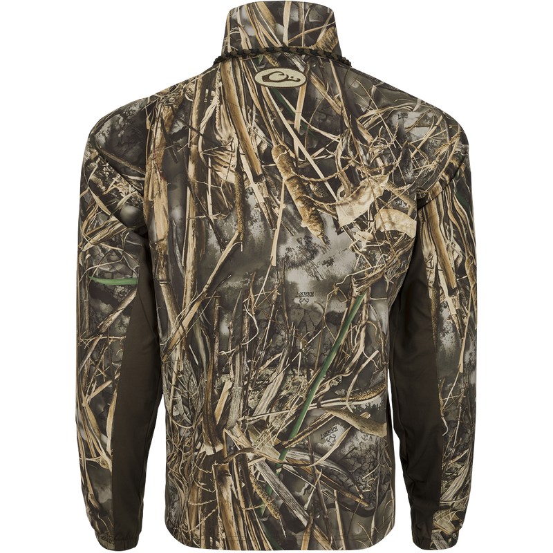The backside of a camouflage EST 1/4 Zip Pullover Shirt for hunting, featuring a Magnattach™ pocket, elastic cuffs, and breathable knit sides. Made for waterfowl training and outdoor activities.