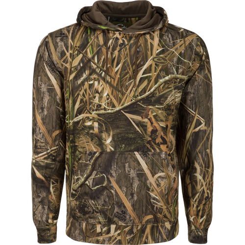 MST Performance Hoodie: A rugged camouflage hoodie with a soft, combed fleece interior for enhanced comfort and heat retention. Features a double-lined, drawstring hood and kangaroo pouch for extra warmth. Improved stretch and fit for increased comfort and range-of-motion. Made with 92% Polyester/8% Spandex.