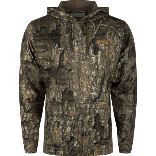 MST Performance Hoodie - Realtree: Camouflage hoodie with logo on fabric, close-up of pocket, and sleeve.