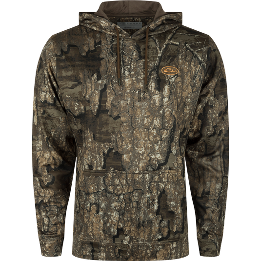 MST Performance Hoodie - Realtree: Camouflage hoodie with logo on fabric, close-up of pocket, and sleeve.