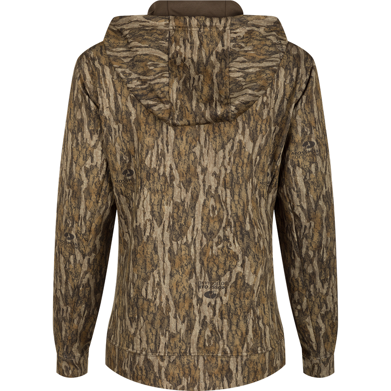 Women's MST Performance Hoodie - Realtree: A jacket with a tree pattern, double-lined hood, and kangaroo pouch. Soft, combed fleece interior for comfort and moisture management. Improved fit and excellent stretch for increased range-of-motion.