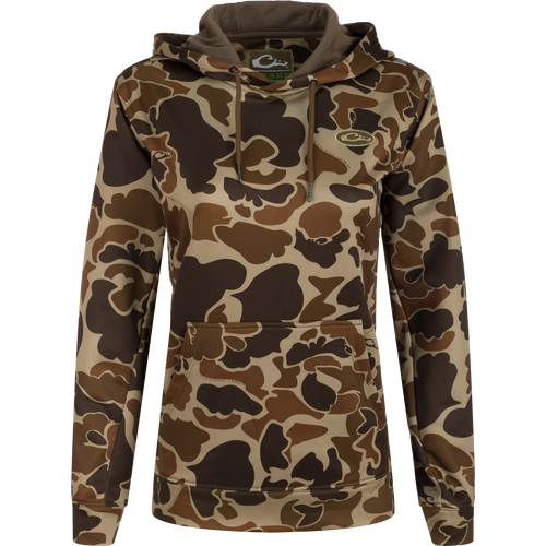 Women's MST Performance Hoodie - Realtree: A camouflage hoodie with a soft, combed fleece interior for enhanced comfort and heat retention. Double-lined hood and kangaroo pouch for extra warmth. Improved fit and excellent stretch for increased range-of-motion. Made with 92% Polyester/8% Spandex.