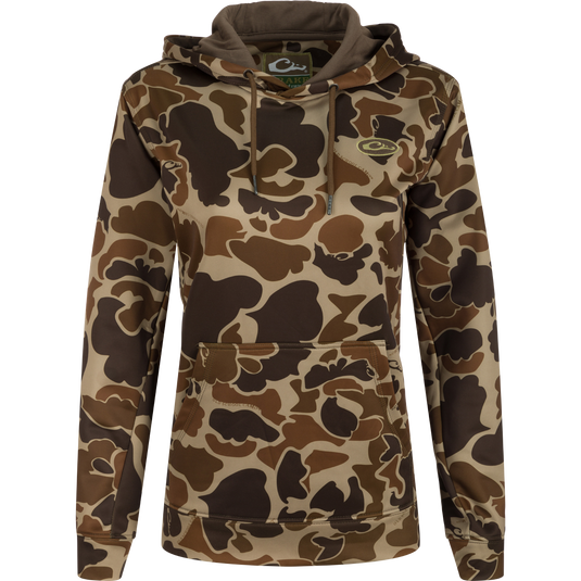 Women's MST Performance Hoodie - Realtree: A camouflage hoodie with a soft, combed fleece interior for enhanced comfort and heat retention. Double-lined hood and kangaroo pouch for extra warmth. Improved fit and excellent stretch for increased range-of-motion. Made with 92% Polyester/8% Spandex.