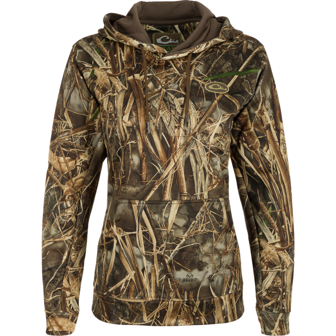 Women's MST Performance Hoodie - Realtree, a camouflage hoodie with a soft, combed fleece interior for enhanced comfort and heat retention. Double-lined hood and kangaroo pouch for wind protection and extra warmth. Improved stretch and fit for increased range-of-motion. Made with 92% Polyester/8% Spandex.