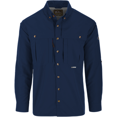 Solid Wingshooter's Shirt L/S with button closure, oversized chest pockets, zippered and Magnattach™ pockets, and sun-blocking extension collar, designed for functional outdoor use.