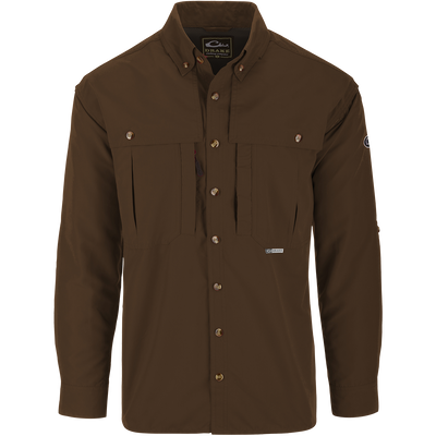 Solid Wingshooter's Shirt L/S with seven buttons, oversized chest pockets, and extension collar for sun protection, ideal for outdoor activities like hunting and fishing.
