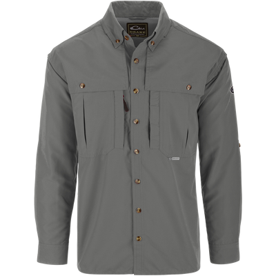 Solid Wingshooter's Shirt L/S with long sleeves, featuring a seven-button design, oversized chest pockets, and ventilation areas for breathability and quick-dry functionality.