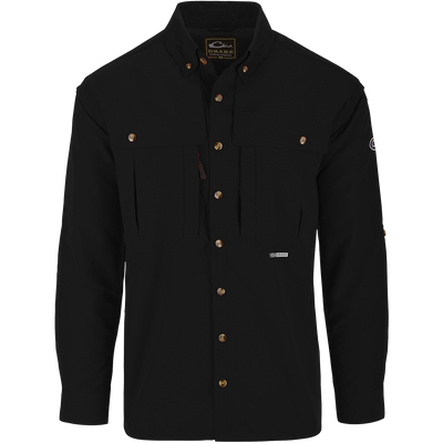 Solid Wingshooter's Shirt L/S featuring a classic seven-button design, oversized chest pockets, and ventilation details for breathability, ideal for outdoor activities.