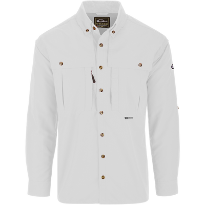 Solid Wingshooter's Shirt L/S features a seven-button design, oversized chest pockets, and sun-protective collar, ideal for hunting and fishing activities.