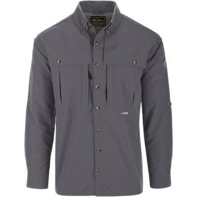 Solid Wingshooter's Shirt L/S featuring a classic seven-button design, oversized chest pockets, and a sun-blocker extension collar.