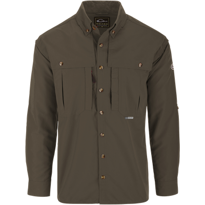 Solid Wingshooter's Shirt L/S with seven buttons, oversized chest pockets, zippered right chest pocket, and a roll-up sun blocker collar, designed for breathability and moisture management.