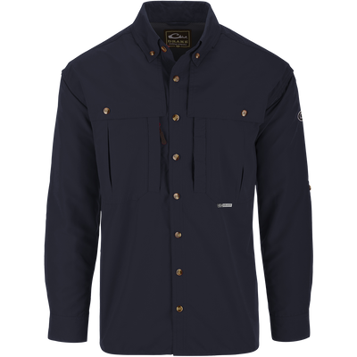 Solid Wingshooter's Shirt L/S with long sleeves, seven buttons, oversized chest pockets, zippered and Magnattach™ pockets, and sun-blocking extension collar.