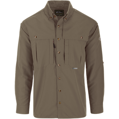 Solid Wingshooter's Shirt L/S, featuring a seven-button design with oversized chest pockets, zippered and Magnattach™ pockets, and a sun-protective extension collar.