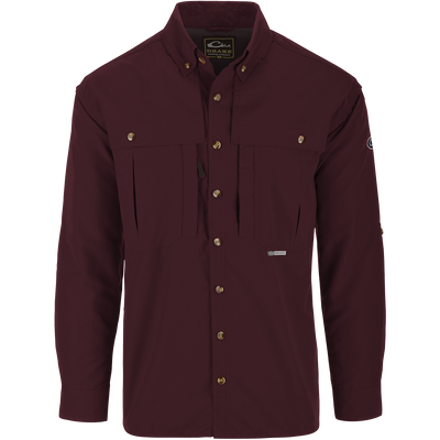 Solid Wingshooter's Shirt L/S with long sleeves, buttons, front and back ventilation, oversized chest pockets, and a sun blocker extension collar.