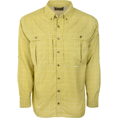 Wingshooter's Plaid Sun Shirt L/S with buttons, large chest pockets, and UPF 50+ protection for outdoor activities. Quick-drying, breathable fabric with front and back heat vents.