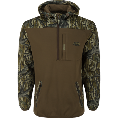 MST Endurance Soft Shell Hoodie: Camouflage jacket with Magnattach™ Call Pocket, zipped lower pockets, mesh-lined sleeves, deep quarter-zip neck, fleece-lined hood with drawstring, and elastic waist hem.